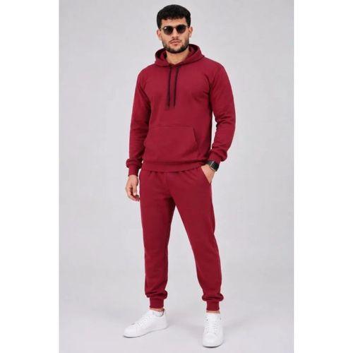 Erkek İki İplik Kapüşonlu Kanguru Cepli Sweatshirt Jogger Pantolon Alt Üst Eşofman Takımı -Bordo