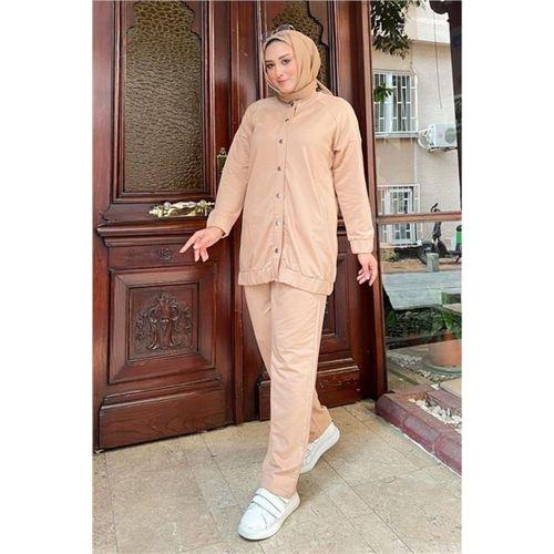 Çıtçıtlı Yandan Cepli İkili Sade Basic Eşofman Spor Takımı - 12009.026 - Bej