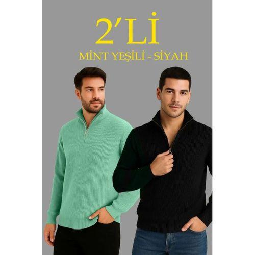 Erkek Fitilli Triko Kazak 2’li Set –  Mint Yeşili - Siyah, Kalın Dokuma Pamuklu Regular Fit V Yaka Fermuarlı Uzun Kollu Rahat Kışlık Kazak Kombini
