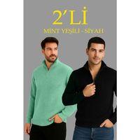 Erkek Fitilli Triko Kazak 2’li Set –  Mint Yeşili - Siyah, Kalın Dokuma Pamuklu Regular Fit V Yaka Fermuarlı Uzun Kollu Rahat Kışlık Kazak Kombini
