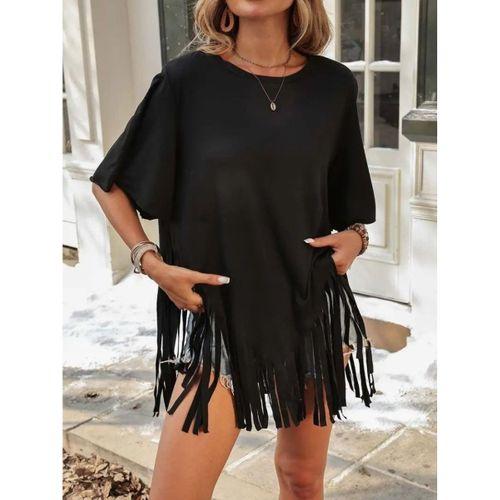 Kadın Kısa Kollu Bisiklet Yaka Püsküllü Viskon Bluz