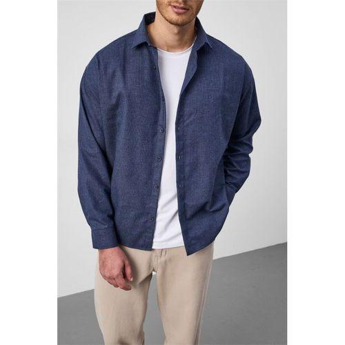 Pixel Relaxed Fit Pamuklu Mikro Çizgili Flanel Erkek Gömlek - Lacivert