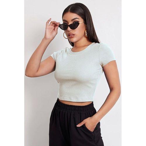 Kadın Beyaz Modern Fit Yuvarlak Yaka Crop Bluz