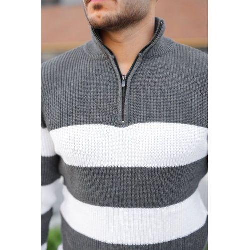 Erkek Şerit Renk Desenli Zip Yaka Kazak