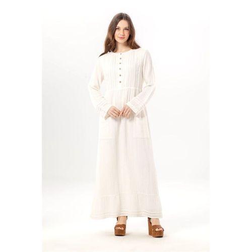 Uzun Kol Dora Yuvarlak Yaka Düğmeli Çift Cepli Yazlık Uzun Müslin Elbise Kırık Beyaz KrkByz