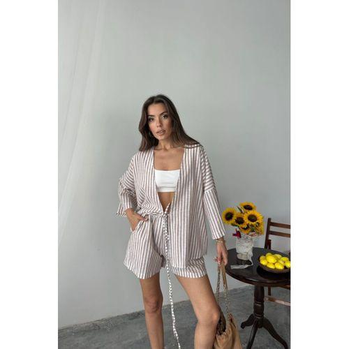 ÇİZGİLİ TUNİK -  ŞORT TAKIM - Bej