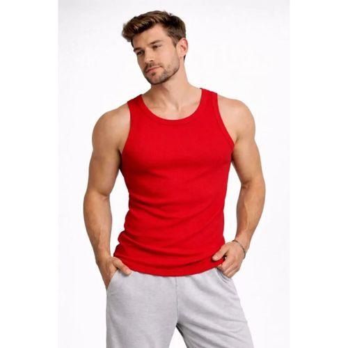 Erkek Fitilli Atlet Sıfır Yaka Slim Fit Arka Baskılı Spor Atlet - Kırmızı