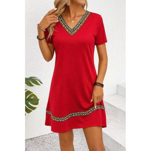 Kadın Kısa Kollu V Yakalı Etnik Desen şerit Detaylı Viskon Elbise