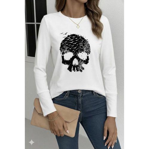 Kadın Uzun Kollu Bisiklet Yaka Kurukafa Desenli Viskon Bluz