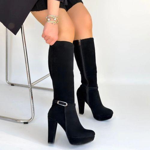 Tekja Siyah Süet Topuklu Çizme
