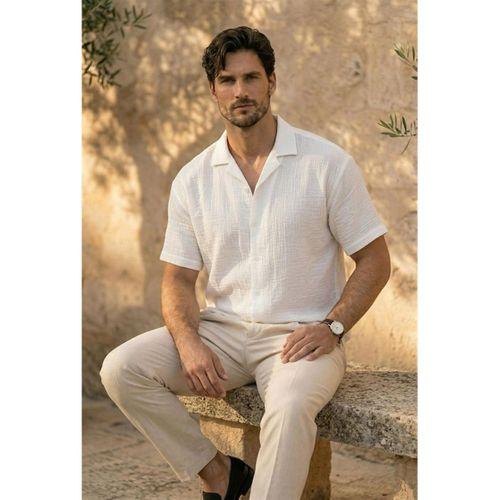 Yarım Oversize Apaş Yaka Kısa Kol Müslin Kumaş Erkek Gömlek - Beyaz