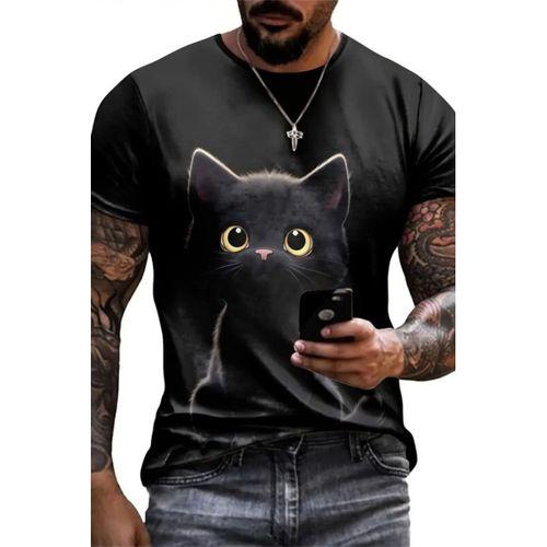 Erkek Bisiklet Yaka Kedi Baskılı Süprem T-shirt