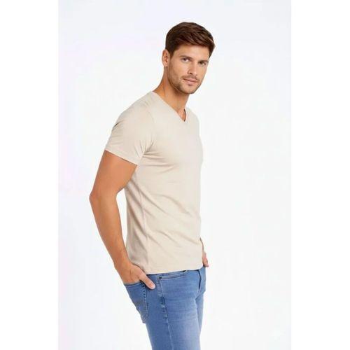 Erkek T-Shirt V Yaka Slim Fit Dar Kesim Likralı Tişört Günlük Basic Body - Taş