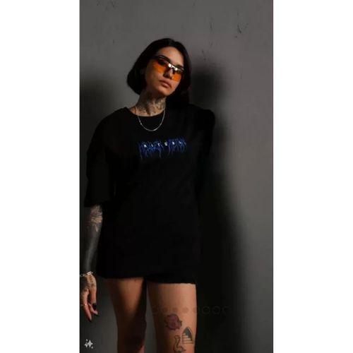 Pilelistore Unisex Bisiklet Yaka Baskılı Oversize T-Shirt - Siyah