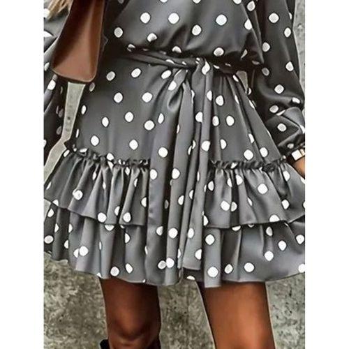 Kadın Uzun Kollu V Yakalı Belden Kuşaklı Puantiyeli Mini Modal Elbise