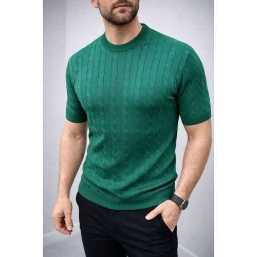 Erkek Yazlık Triko Dokuma Tişört Kısa Kol Bisiklet Yaka Örgü Desenli T-Shirt - Haki