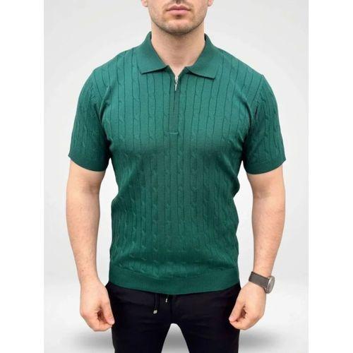 Erkek Yazlık Triko Saç Örgü Tişört Kısa Kol Polo Yaka Fermuarlı T-Shirt - Haki