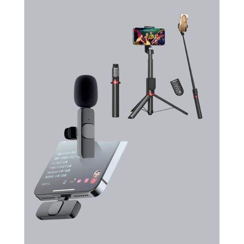 Kablosuz Çift Yaka Mikrofonu Ve Tripodlu Selfie Çubuğu İçerik Üretici Seti