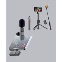 Kablosuz Çift Yaka Mikrofonu Ve Tripodlu Selfie Çubuğu İçerik Üretici Seti