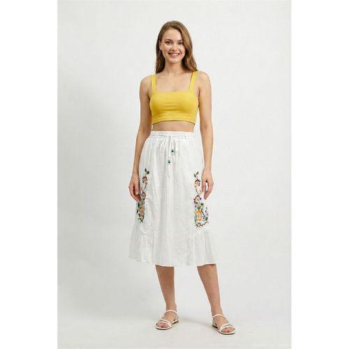 Canan Vual Bağlama ve Lastik Detay Midi Boy Yazlık Otantik Etek Beyaz Byz