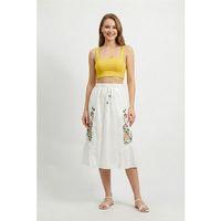 Canan Vual Bağlama ve Lastik Detay Midi Boy Yazlık Otantik Etek Beyaz Byz