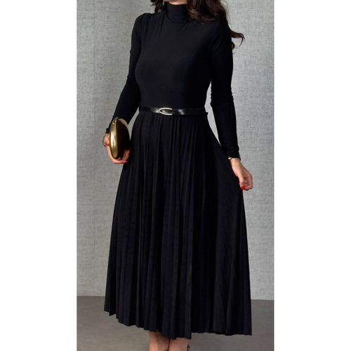 Kadın Uzun Kollu Balıkçı Yaka Kemersiz Pileli Uzun Sandy Elbise