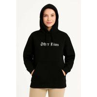 Üç İplik Kapşonlu ön Ve Arka Baskılı SweatShirt Hoodie- Siyah