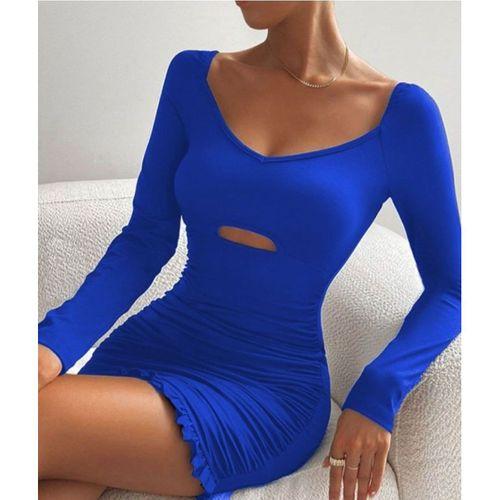 Kadın Uzun Kollu Derin V Yaka Göğüs Altı Dekolte Detay Etek Ucu Fırfırlı Sandy Mini Boy Elbise