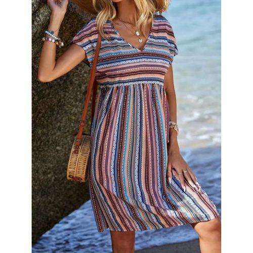 Kadın Kısa Kollu V Yakalı Pile Detay Keten Elbise