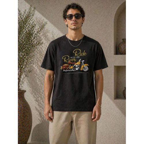 Erkek Motosiklet Baskılı Tişört Bisiklet Yaka Kısa Kol Yazlık T-Shirt - Siyah