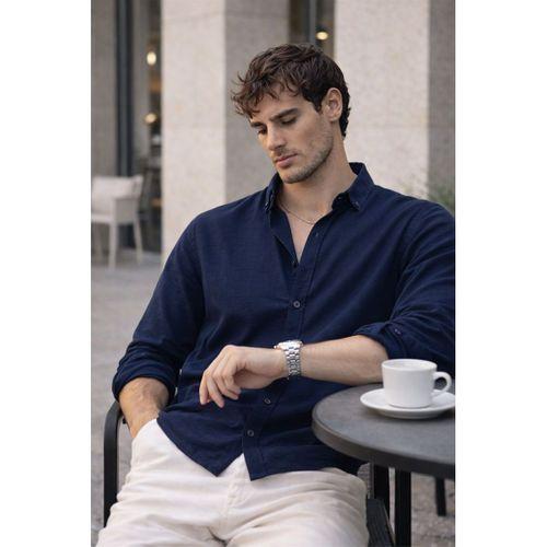 Scott – Soft Dokulu Yarım Oversize Modern Keten Görünümlü Erkek Gömlek- Lacivert