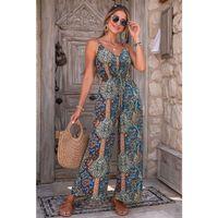 Kadın Ip Askılı V Yakalı Cep Detaylı Desenli Uzun Süprem Tulum