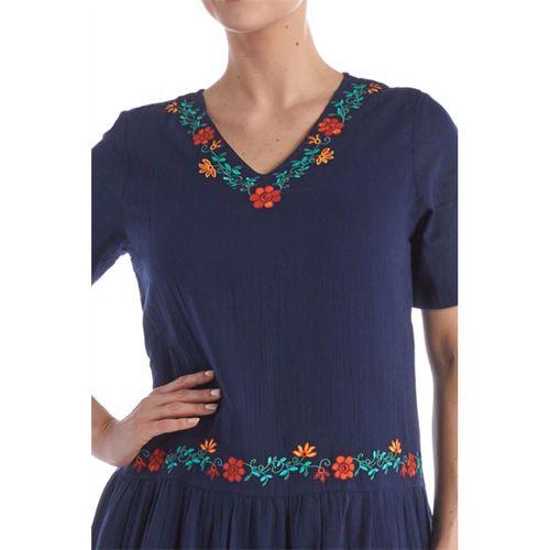 Kısa Kol Şile Bezi Lacivert V Yaka Nakışlı Uzun Yazlık Elbise