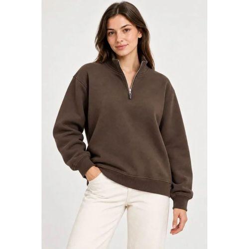 Üç İplik İçi Şardonlu Dik Yaka Yarım Fermuarlı Kışlık Sweatshirt - Kahverengi