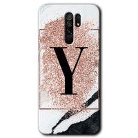 BeRa Aksesuar Xiaomi Redmi 9 Kılıf Baskılı Kapak - Pembe Mermer Desenli Y Harfi +Tam Kaplayan Mat Seramik