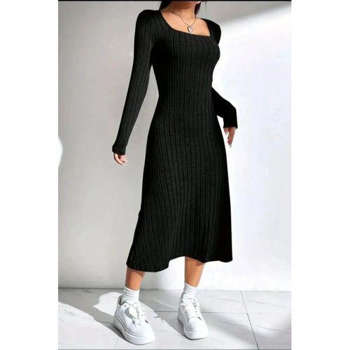 Kadın Kare Yaka Fitilli Kaşkorse Kumaş Midi Boy Elbise