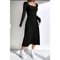 Kadın Kare Yaka Fitilli Kaşkorse Kumaş Midi Boy Elbise