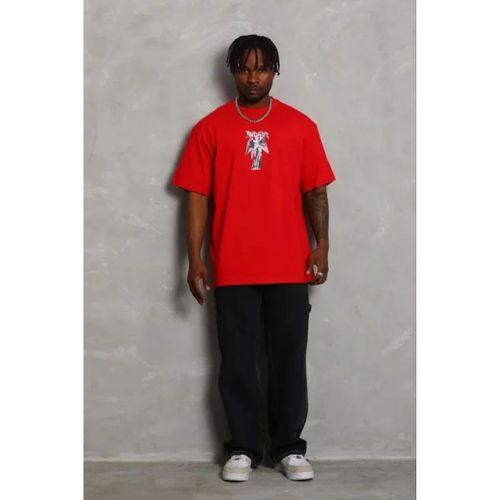 Erkek Baskılı T-Shirt Kısa Kol Bisiklet Yaka Regular Fit Rahat Kalıp Günlük Tişört - Kırmızı