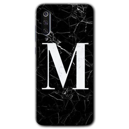MRCİLETİSİM Xiaomi Mi 9 SE Kılıf HD Desen Baskılı Arka Kapak+Temperli Cam - Siyah Mermer Desenli M Harfi