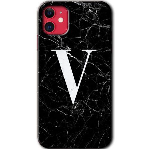 MRCİLETİSİM iPhone 11 Kılıf HD Desen Baskılı Arka Kapak + Temperli Cam - Siyah Mermer Desenli V Harfi
