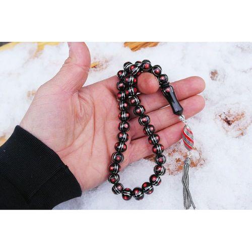 Oltu Sıkması Basık Model Alpaka Karpuz Mercan İşlemeli Tespih