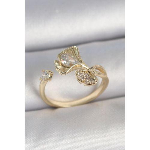 Pirinç Gold Renk Zirkon Taşlı Deniz Kabuğu Model Ayarlanabilir Kadın Yüzük
