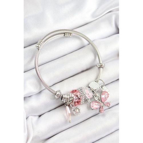 316L Çelik Pembe Zirkon Taşlı Kelebek Model Gümüş Renk Charm Bileklik