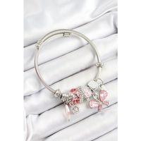 316L Çelik Pembe Zirkon Taşlı Kelebek Model Gümüş Renk Charm Bileklik