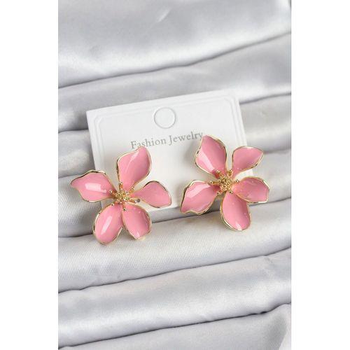 Pembe Mineli Çiçek Model Pirinç Kadın Küpe