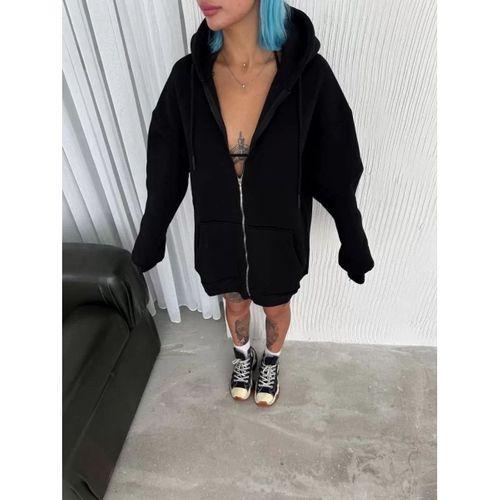 Pilelistore Oversize Tam Fermuarlı Uzun Kol Hırka - Siyah