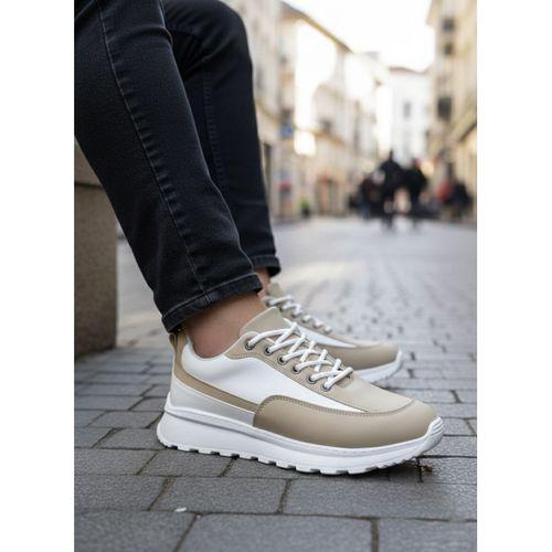 BA0246 Krem Bağcıklı Yüksek Beyaz Taban Günlük Erkek Ayakkabı