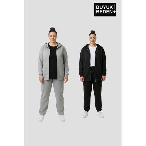 Kadın Büyük Beden Fermuarlı Kapüşonlu 3 lü Set ince Sweatshirt Hırka - Rahat Kalıp SPR26BHRK960+2