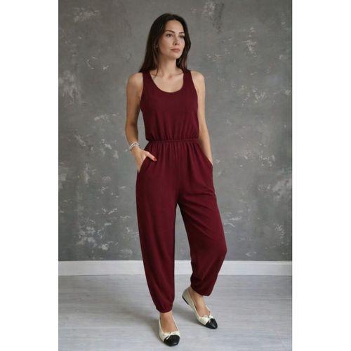 Kadın Askılı Yuvarlak Yakalı Cepli Viskon Tulum