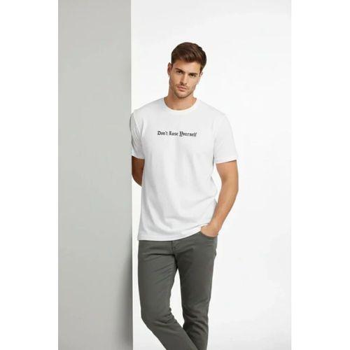 Erkek Wafıl Kumaş Tişört Regular Kalıp Bisiklet Yaka Baskılı Günlük Basic T-Shirt - Beyaz